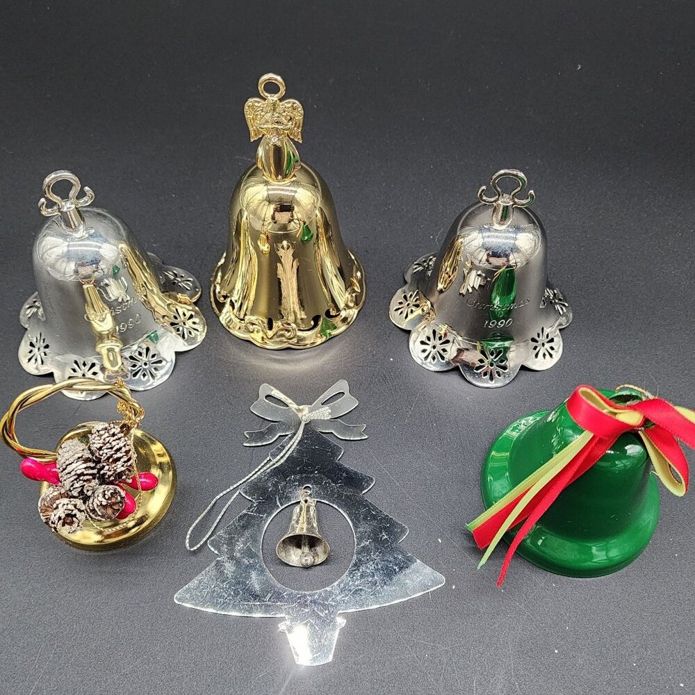 Metal Christmas Hanging Bells Ornament Lot of 6 Gold Silver Green Vintage